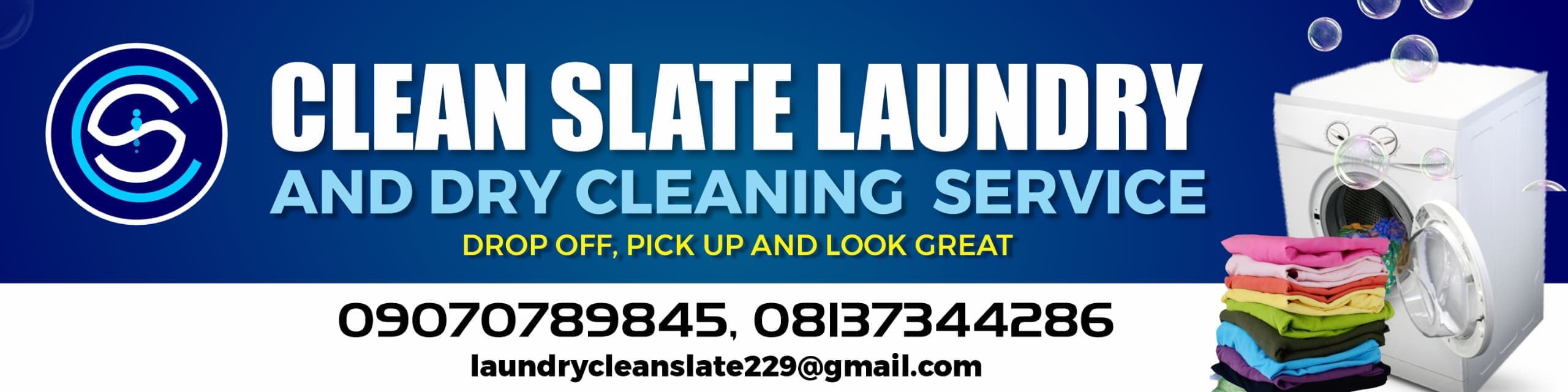 Clean Slate Laundry service banner with contact details
